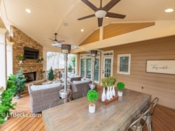 Fireplace and vaulted ceiling on covered deck in Roswell, GA